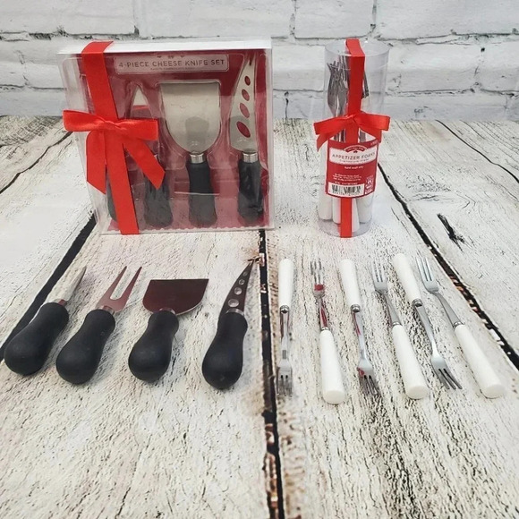 Black 4 Piece Cheese Knife Set and White 6 Piece Appetizer Fork Set - Picture 2 of 8